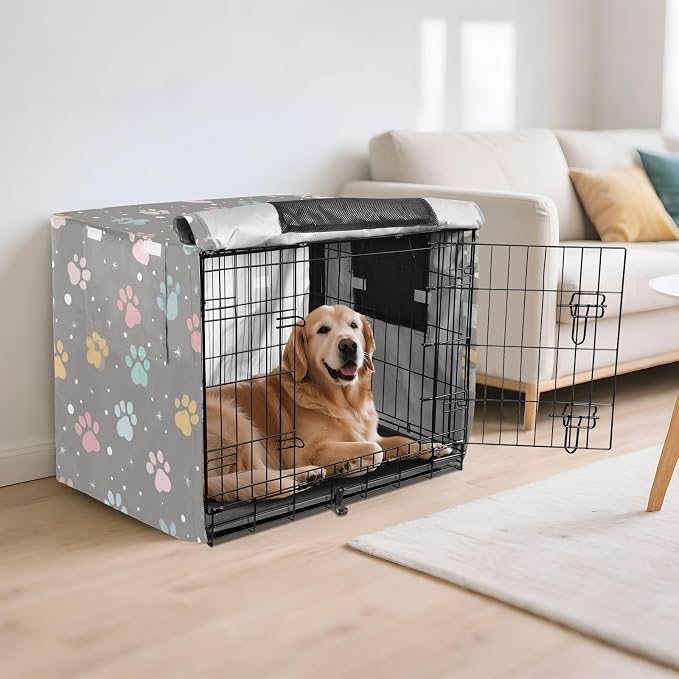 Dog Crate Cover Kennel Cover for Dog Cages Breathable for Wire Cage Indoor Outdoor Grey Paw Print Dots Stars - Image 6