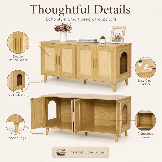 Homhedy Boho Cat Litter Box Enclosure for 2 Cats, Natural | Hidden Litter Box Furniture with Double Rattan Decorated Doors, Cat Washroom, Cat House, Dog-Proof, TV Stand - Image 8