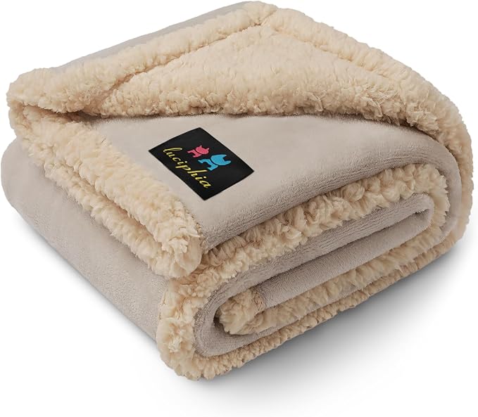 Waterproof Pet Blanket, Liquid Pee Proof Dog Blanket for Sofa Bed Couch, Reversible Sherpa Fleece Furniture Protector Cover for Small Medium Large Dogs Cats, Grey Beige Medium（57" x 40"） by luciphia