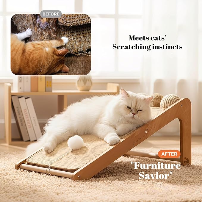 CHEERHOME PETS Sisal Cat Scratcher Ramp with Balls, 24.8" L Shape Cat Scratching Post Climbing Scratch for Indoor Cats, Solid Wooden Cat Furniture(Upgraded) - Image 2