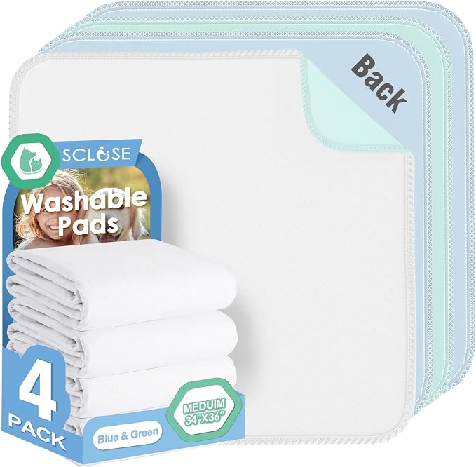 SCLOSE Washable Pee Pads for Dogs 4 Pack, 34" x 36" Waterproof Incontinence Bed Pads for Adults, Elderly and Kids, Nursing Pads, Chucks Pads, Super Asorbent Training Pads, Whelping Pads, Blue & Green by SCLOSE