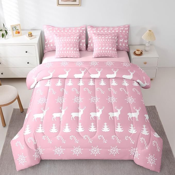 Erosebridal Christmas King Bedding Set 7 Piece,Xmas Elk Deer Bed in A Bag,Candy Snowflake Comforter Set Pine Tree Woodland Animals Sheet Set with Comforter,Pink Christmas Decoration by Erosebridal