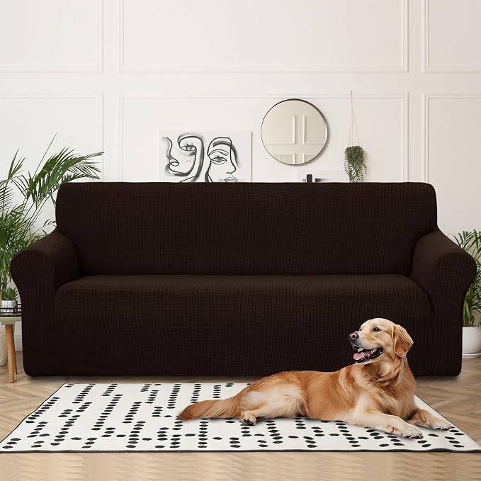 U-NICE HOME 4 Seater Stretch Couch Cover for 3 Cushion Sofa, Chocolate | 1-Piece Sofa cover, Washable, Pet friendly, Furniture protector, Polyester Spandex Jacquard fabric - Image 2