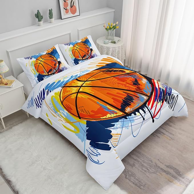 Basketball Comforter Set Hand Drawn Basketball Sports Comforter Sets Quilt with 1 Comforter and 2 Pillowcases for Kids Boys Girls Bedroom All Season（Basketball-3 Full） - Image 2