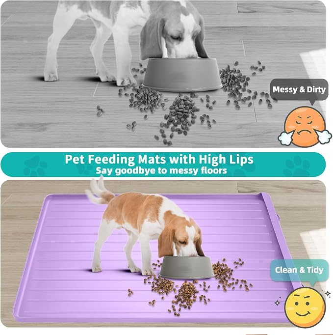 Cat Mat for Food and Water - 39.4" x 27" Thickened Large Dog Food Mat | Waterproof Pet Bowl Mat with Residue Collection Pocket and High Edges to Prevent Water and Food Spills - Purple - Image 3