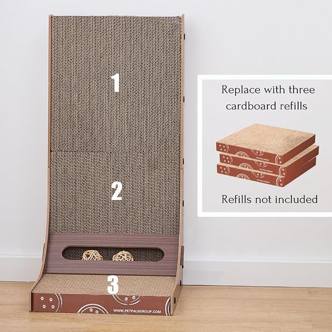 Petpals Corrugate Cardboard Cat Scratching Pad, 24" Double Side L Shaped | Replaceable Cardboard Scratching Pads, Multi-use to Protect Couch Sofa Furniture, with Rattan Ball Toys, Laminated Wood Frame - Image 5
