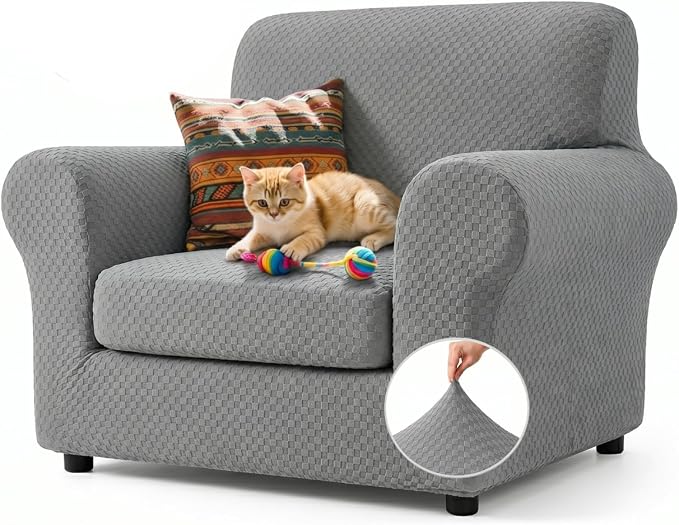 YEMYHOM Latest Checkered 2 Pieces Chair Covers for Living Room High Stretch Thickened Chair Slipcovers with Arms Anti Slip Elastic Armchair Sofa Couch Protector (Light Gray), 31"-46"(1 Cushion) by YEMYHOM