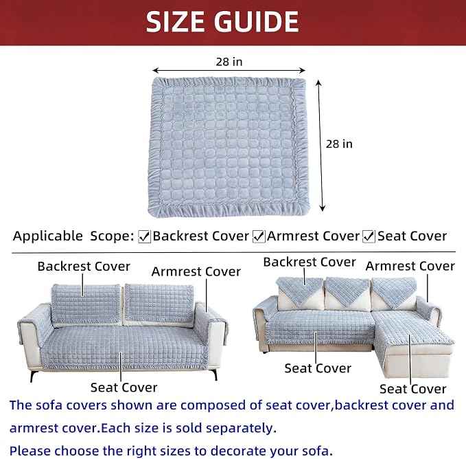 Couch Cover Couch Arm Covers Non Slip Sofa Arm Covers for Dogs Washable Armchair Cover Couch Protector Backrest Cover Sofa Slipcover for Recliner,Velvet,Gray,28''x28''(Only 1 Piece) - Image 3
