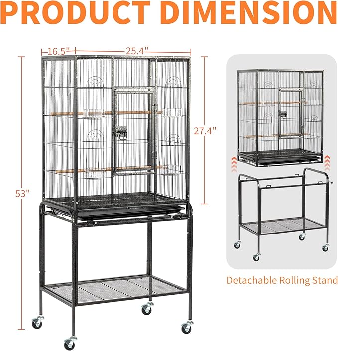 VINGLI 53-inch Bird Cage with Wheels, Durable Wrought Iron Parakeet Cage with Slide Out Tray, Black Bird Cages for Parakeets/Lovebird/Cockatiels/Budgies and Other Small/Medium Birds (Black, 53 inch) - Image 5