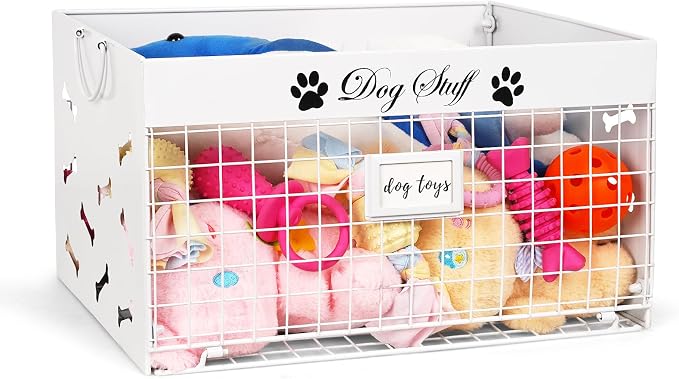 Bfttlity Dog Toy Basket Large Metal Toy Box Storage for Dogs Toys, White | Dog Toy Bin with Handles for Living Room Storage Dogs Chew Pets Toys, Blankets, Clothes, Food by Bfttlity