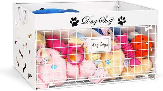 Bfttlity Dog Toy Basket Large Metal Toy Box Storage for Dogs Toys, White | Dog Toy Bin with Handles for Living Room Storage Dogs Chew Pets Toys, Blankets, Clothes, Food by Bfttlity