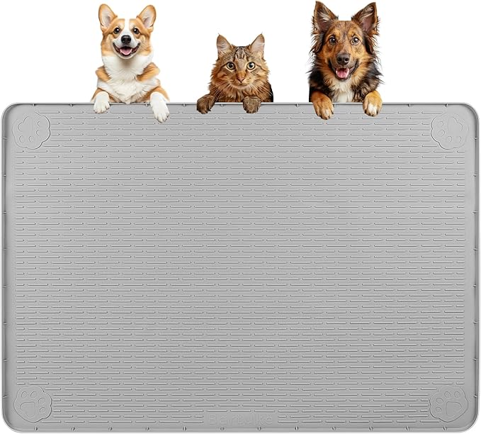 Dog Food Mat 40''x28'' Extra Large Dog Mat for Food and Water, Light Grey | Silicone Dog Bowl Mat with Raised Edge, Waterproof Non-Slip Pet Feeding Mat for Floors, fit for Dog Cat Bowls by Bartuke