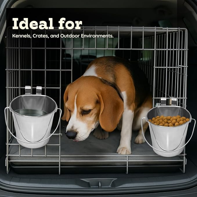 4 Quart Stainless Steel Flat Sided Bucket with Dual Hooks | 2 Pcs Durable Food & Water Bowl for Dogs Cats Goat & Livestock | Fits kennel Cage Critter Crate Hanging Pet Pail | Multipurpose - Image 4