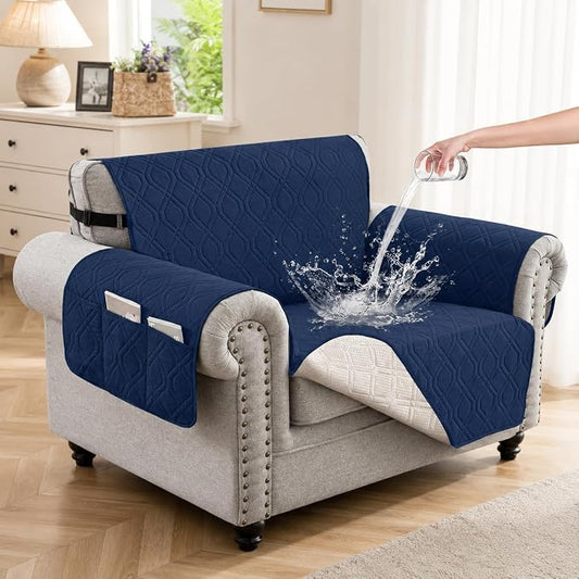 100% Waterproof Quilted Couch Cover,Straps&Pockets,23" Navyblue | Washable sofa cover, pet-friendly, scratch-resistant furniture protector, quilted sofa cover, reversible, non-slip backing. by Unknown