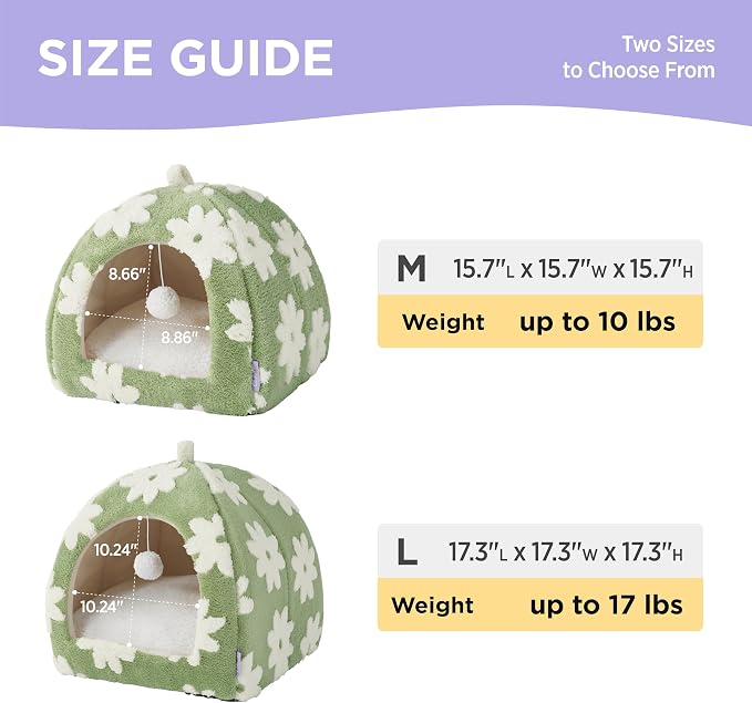 Lesure 2in1 Cute Cat House for Kitten with Washable Cushioned Pillow,17.3in | Cat Beds for Indoor Cats,Small Pet Cave Tent,Cozy Enclosed Foldable Hideaway,Fluffy Ball,Anti Slip Bottom,Hand Strap,Green - Image 4