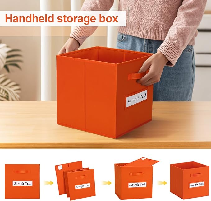 11x11 storage cube bins (Set of 10) Foldable Fabric storage cubes with 10 Labels Window Cards & a Pen,11 inch cube storage bin,Closet Organizers for Shelves,Cubby Organizer Boxes,Orange - Image 4
