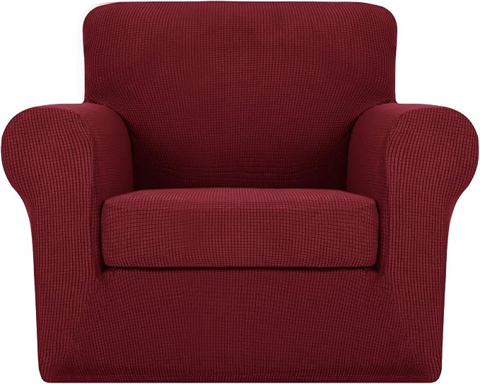 MAXIJIN 2 Piece Chair Slipcovers with Arms Super Stretch Chair Covers for Living Room Dogs Pet Proof Fitted Sofa Couch Protector Spandex Non Slip Armchair Slipcover Washable (Chair, Wine Red) by MAXIJIN