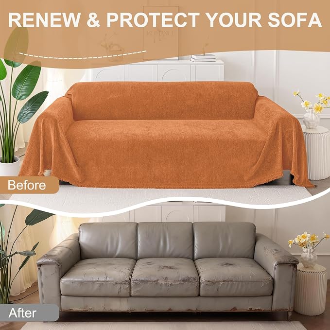 Smiry Couch Cover for Dogs, Chenille Sofa Covers for 3 Cushion Couch | Washable Soft Sofa Slipcover for Pets, Thick Sectional Furniture Protector with Tassels (Orange, 71x134 Inch) - Image 8