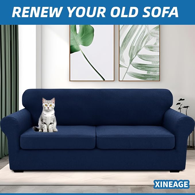 XINEAGE 2026 New 3 Pieces Couch Covers for 2 Extra Large Cushion Sofa Super Stretch Sofa Cover for 2 Large Seat Universal Loveseat Slip Cover for Living Room (Navy Blue), 71"-91"(2 Cushions) - Image 4