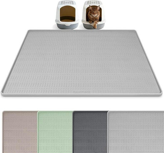 Silicone Cat Litter Mat 47" x 35" Cat Mat for Litter Box, Light Grey | Extra Large Cat Litter Trapping Mat for Floor, Waterproof, Non-Slip Kitty Litter Box Mat with Raised Edge, Easy to Clean by Bartuke