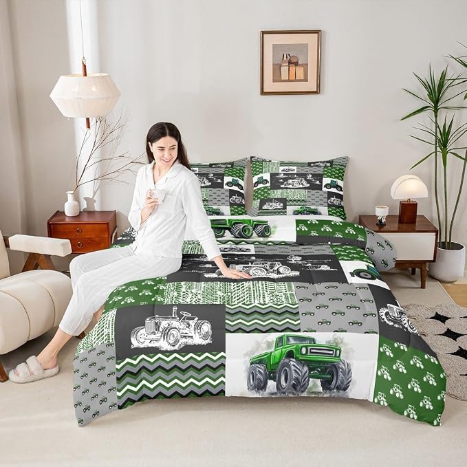 Erosebridal Green Tractor Comforter Set Full Size Farm Vehicle Truck Bedding Set Cartoon Equipment Construction Harvester Down Comforter for Kids Boys Car Bedroom Decor with 2 Pillowcases, Grey - Image 3