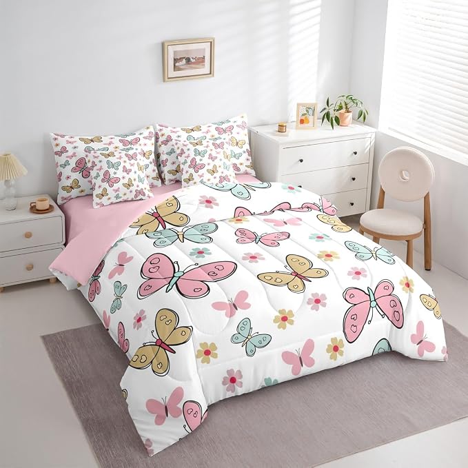 Feelyou Cute Butterfly 7 Piece Bedding Set Kawaii Flower Comforter Set with Sheets for Kids Boys Girls Pink Blue Yellow Bed in a Bag Nutrue Theme Bed Set Soft Lightweight - Image 3