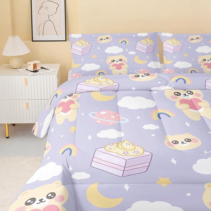QOOMO Bear Comforter Twin Size,Kawaii Bedding Set for Kids Teens Girls,3Pcs Bedding Set Printed Comforter with 2 Pillowcases,Down Alternative,Soft and Lightweigh，Twin Size - Image 4