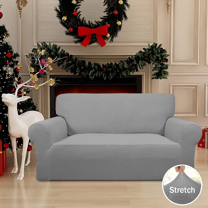 Easy-Going Stretch Loveseat Couch Covers Washable Light Gray | 1-Piece Loveseat Covers for 2 Cushion Couch Furniture Protector RV Sofa Slipcover Soft with Bottom for Kids Pets - Image 2