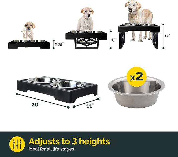 Pet Zone Designer Diner Elevated Stainless Steel Dog Bowls Set, 3 Heights | Raised stand adjusts 2.75, 8 and 12 inches, suits small, medium and large breeds, food and water dishes included in bundle - Image 9