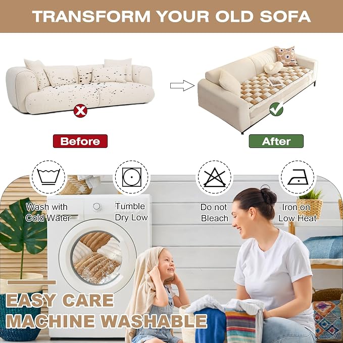Fuzzy Couch Cover for Dog, Modern White Khaki Checkered Couch Cushion Cover | Non Slip Couch Cover for 2 Cushion Couch Sofa Pet Friendly, Washable Sofa Cover Durable Anti-pilling Furniture Protector - Image 5