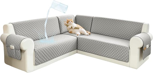 Sectional Couch Covers for Dogs 100% Waterproof Corner L Shaped Sofa Cover Pet Friendly Velvet Washable Anti Slip L Shape Modular Sofa Slipcover Protector with Pockets (Light Gray, Small) by SYJOVIA