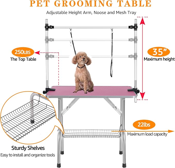 Professional Dog Pet Grooming Table Adjustable Heavy Duty Portable w/Arm & Noose & Mesh Tray (Pink, 42") - Image 3