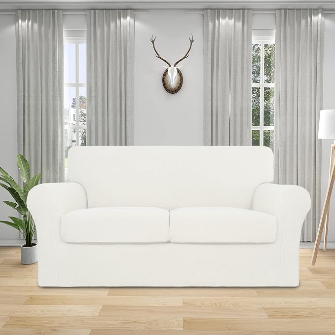 Easy-Going 3 Pieces Stretch Couch Cover Sofa Cover for Dogs Washable Sofa Slipcover for 2 Separate Cushion Couch Spandex Jacquard Fabric Elastic Furniture Protector for Pets, Kids (Ivory, Loveseat) - Image 2