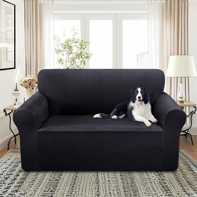 U-NICE HOME Velvet Loveseat Sofa Covers Stretch Couch Cover Furniture Protector Sofa Slipcover for Dogs (Medium, Dark Grey) - Image 2