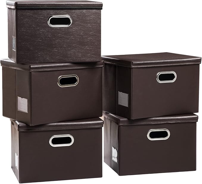 PRANDOM Large Stackable Storage Boxes with Lids [5-Pack] Leather Fabric Foldable Storage Bins Organizer Containers Baskets Cubes with Cover for Bedroom Closet Office Nursery Brown(17.7x11.8x11.8) by Prandom