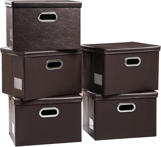 PRANDOM Large Stackable Storage Boxes with Lids [5-Pack] Leather Fabric Foldable Storage Bins Organizer Containers Baskets Cubes with Cover for Bedroom Closet Office Nursery Brown(17.7x11.8x11.8) by Prandom