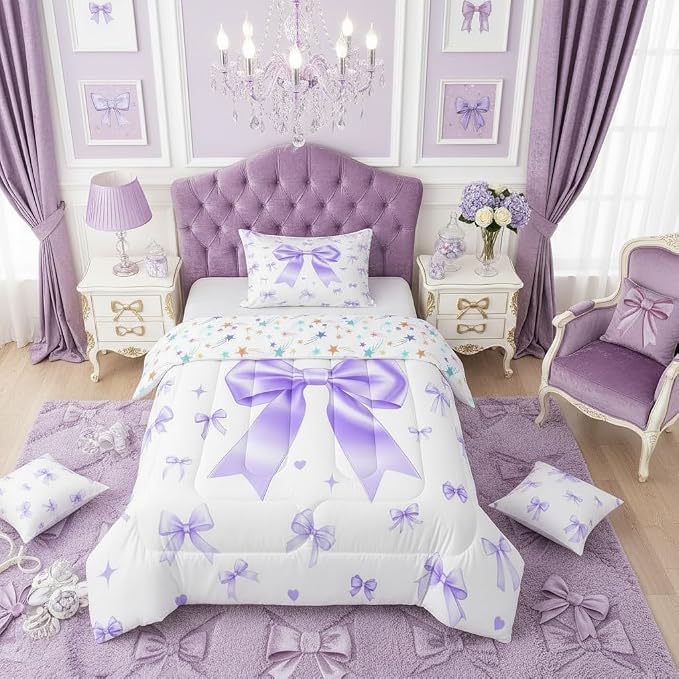 Manfei Purple Bowknot Twin Size Comforter Set,Cute Preppy Ribbon Bow Duvet Set Soft Bed Collection,Preppy Trendy Kawaii Coquette Bedding Comforter for Boys Girls Bedroom,2 Pcs by Manfei