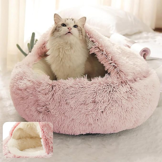 ShinHye Cozy Cat Bed - Round Plush Fluffy Hooded Cave, Indoor/Outdoor, Waterproof & Washable, Calming Anti-Anxiety Design - 23x23inch, Pink - Image 6