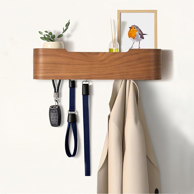Coat Rack Wall Mount with Hidden Hooks, Wall Hooks with Shelf, Wall Key Holder Mount Wooden Shelf Entryway Hooks for Bedroom Bathroom for Hanging Coats Hats Bags Towels (Walnut, 4 Hooks) by Nevsokio