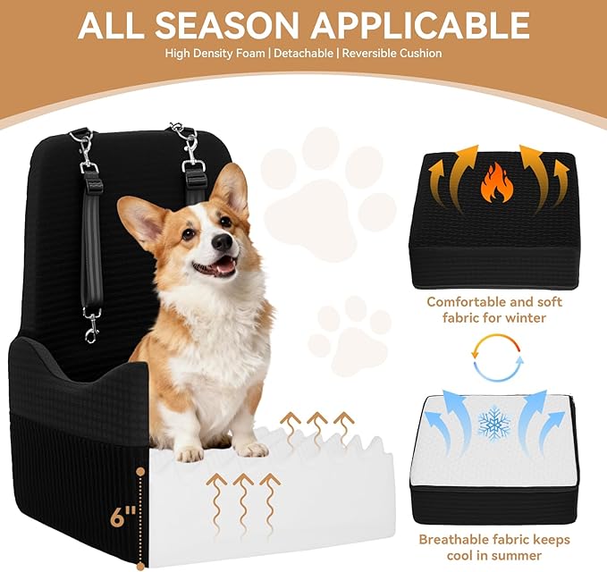 PETSFIT Dog Booster Car Seat for Small/Medium Dogs Up to 35 lbs – Patented Safety System, 6" Memory Foam Pet Car Seat, Fully Detachable and Washable Cover, Front/Back Seat Travel Booster (Black)