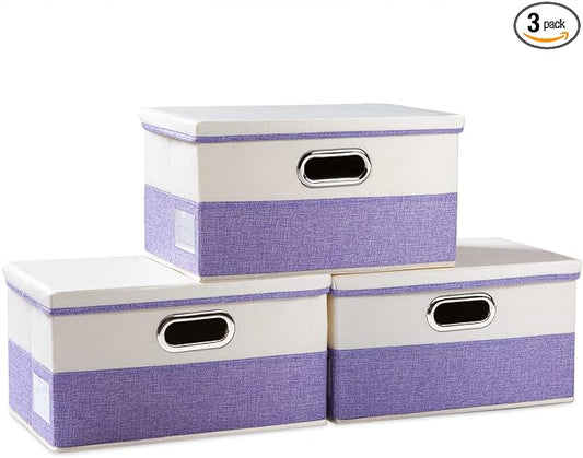 PRANDOM Collapsible Storage Bin with Lid [3-Pack] Fabric Foldable Storage Box Organizer Container Basket Cube with Cover for Home Bedroom Closet Office Nursery Purple&Cream(14.9x9.8x9.8) by Prandom