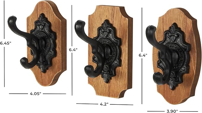 Deco 79 Wooden Fleur De Lis Vintage Inspired Wall Hook with Black Metal Hooks and Curved Edges, Set of 3 4" W, 6" H, Brown - Image 3