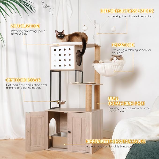 Cat Tree with Litter Box Enclosure - Modern Cat Condo with Scratching Posts, Feeding Bowl & Removable Pompom Sticks, Gray - Image 2