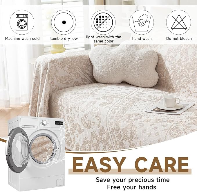 ROOMLIFE Beige Couch Covers for Sofa, Sofa Covers Washable Non Slip Furniture Protector Couch Sofa Covers for 3 Cushion Couch, Breathable Sofa Slipcovers Couch Cover Blanket with Tassels 71" X 118" - Image 4