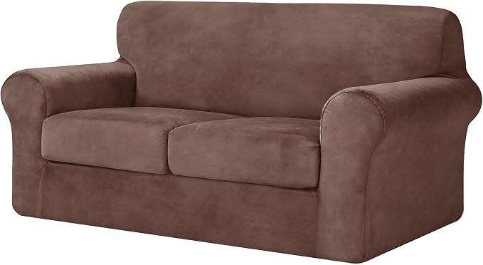 CHUN YI 3 Piece Velvet Couch Covers for 2 Cushion Couch, Water Resistant Loveseat Covers, Non Slip High Stretch Thick Furniture Protector for Dogs Pets, Medium, Brown by CHUNYI