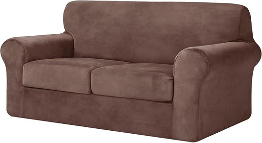CHUN YI 3 Piece Velvet Couch Covers for 2 Cushion Couch, Water Resistant Loveseat Covers, Non Slip High Stretch Thick Furniture Protector for Dogs Pets, Medium, Brown by CHUNYI