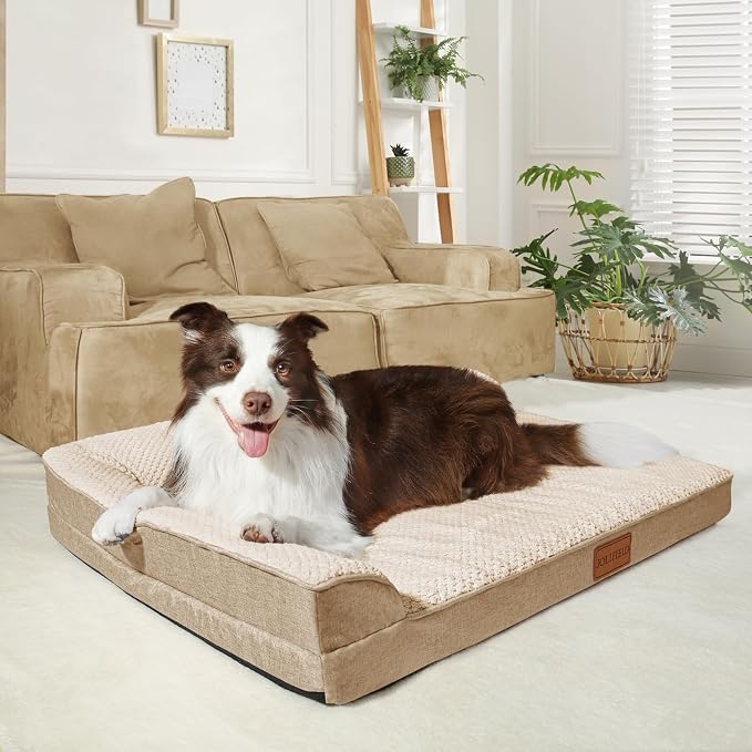 Orthopedic XL Dog Bed Large Sized Dog 48''X30'', Waterproof L Bolster Extra Large Egg Crate Foam Pet Crate Beds with Washable Removable Cover, Non-Slip Soft Pet Couch Mat, Ivory - Image 2