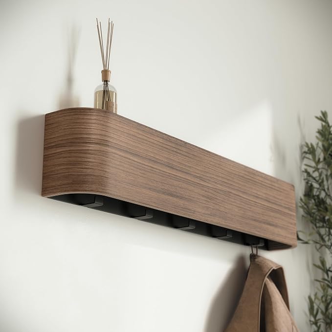 Kazai. Wall-Mounted Coat Rack 'Toke' - Modern Design Coat Rack with Hidden Wall Hooks - Solid Wood Veneer Panel Coat Hanger - Walnut - Image 7