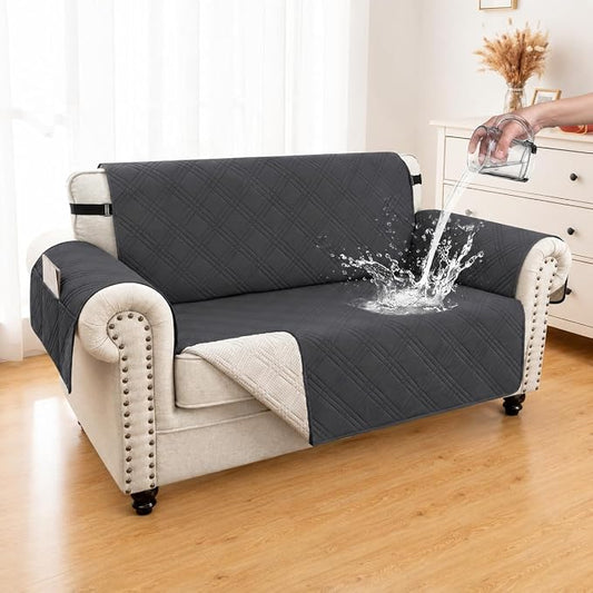 100% Waterproof Couch Cover for Dogs, Anti-Slip Washable Sofa Cover with Elastic Straps & Side Pockets, Durable Furniture Protector for Kids & Pets (Loveseat 46", Blackish Gray) by Unknown