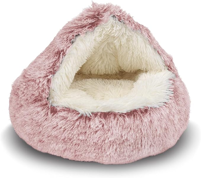 ShinHye Cat Bed Round Plush Fluffy Hooded Cat Bed Cave, Cozy for Indoor Cats or Small Dog beds, Soothing Pet Beds Doughnut Calm Anti-nxiety Dog Bed - Waterproof Bottom Washable (26×26inch, Pink) by ShinHye